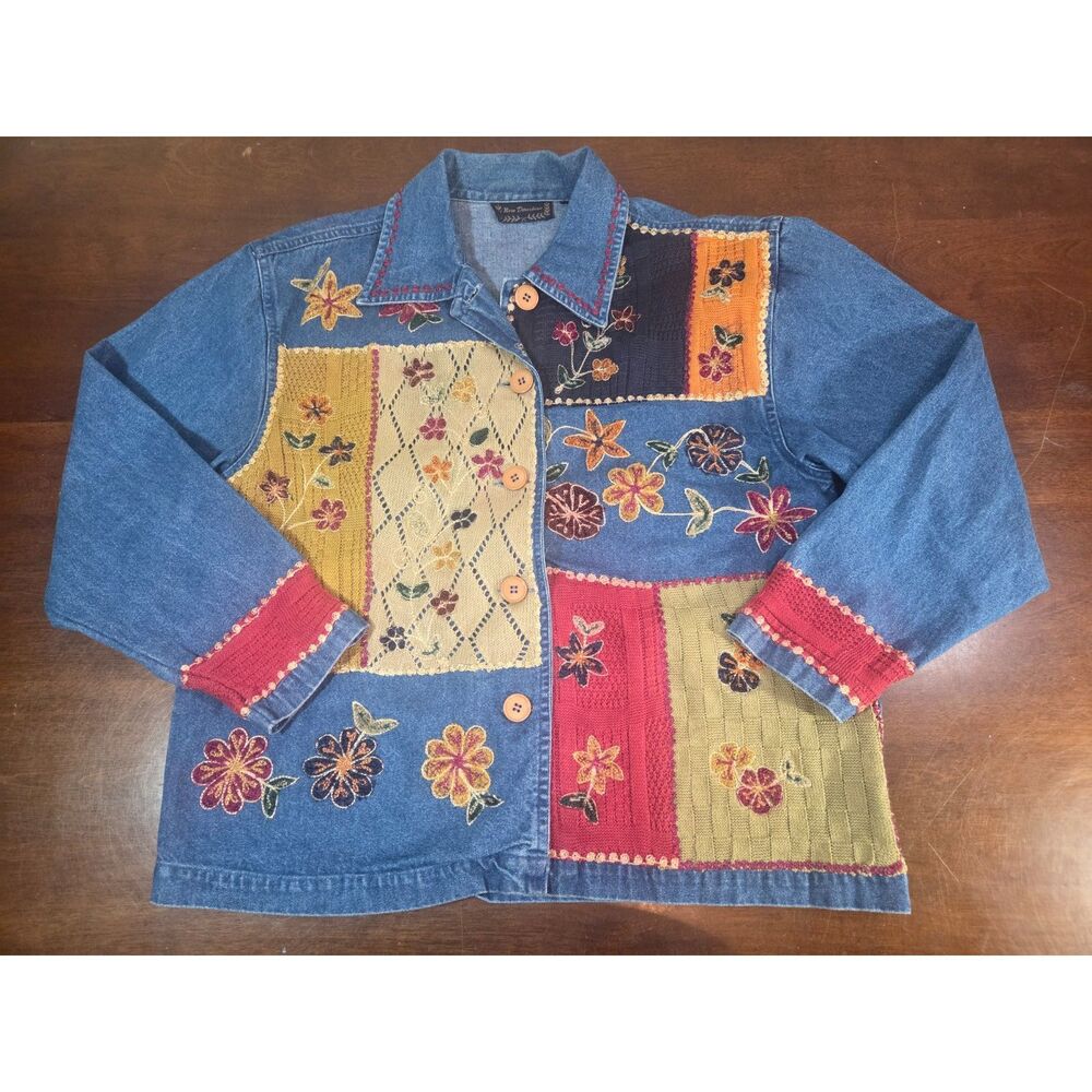 Vtg Patchwork Floral Denim Jacket Womens Medium Embroidered Cottagecore Artsy
